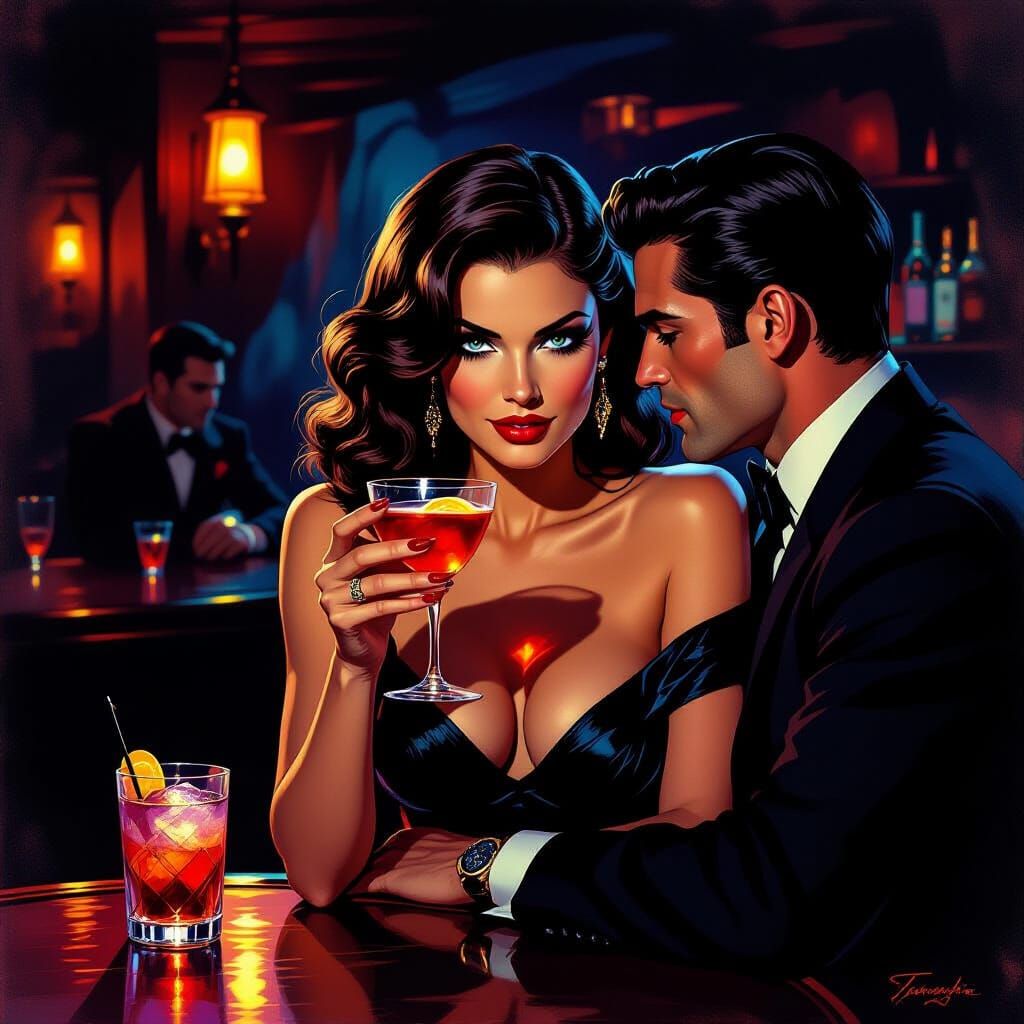 Femme Fatale's Piercing Gaze in Dimly Lit Bar