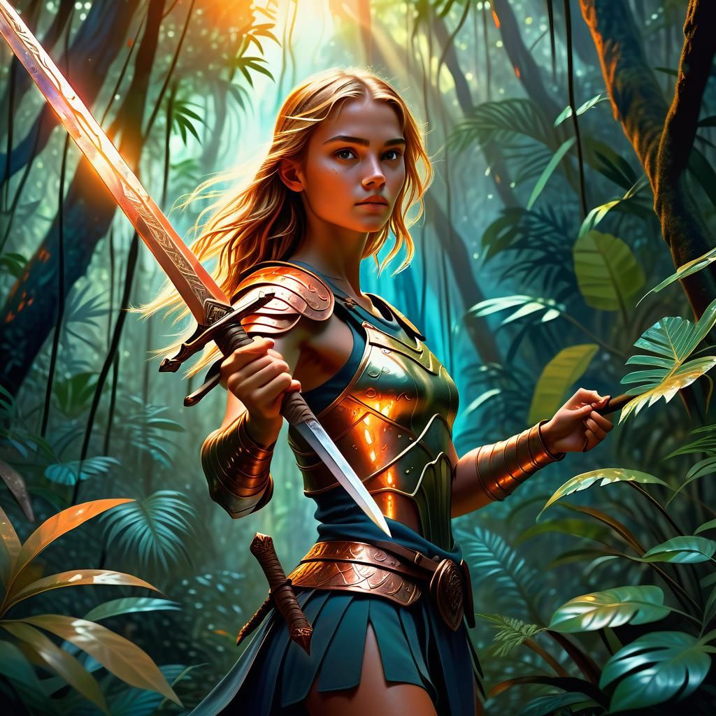 Vibrant Spanish Fantasy Warrior in Exotic Jungle Setting