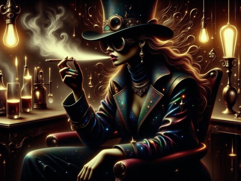 Steampunk Cigar Bar Scene in Noir Style
