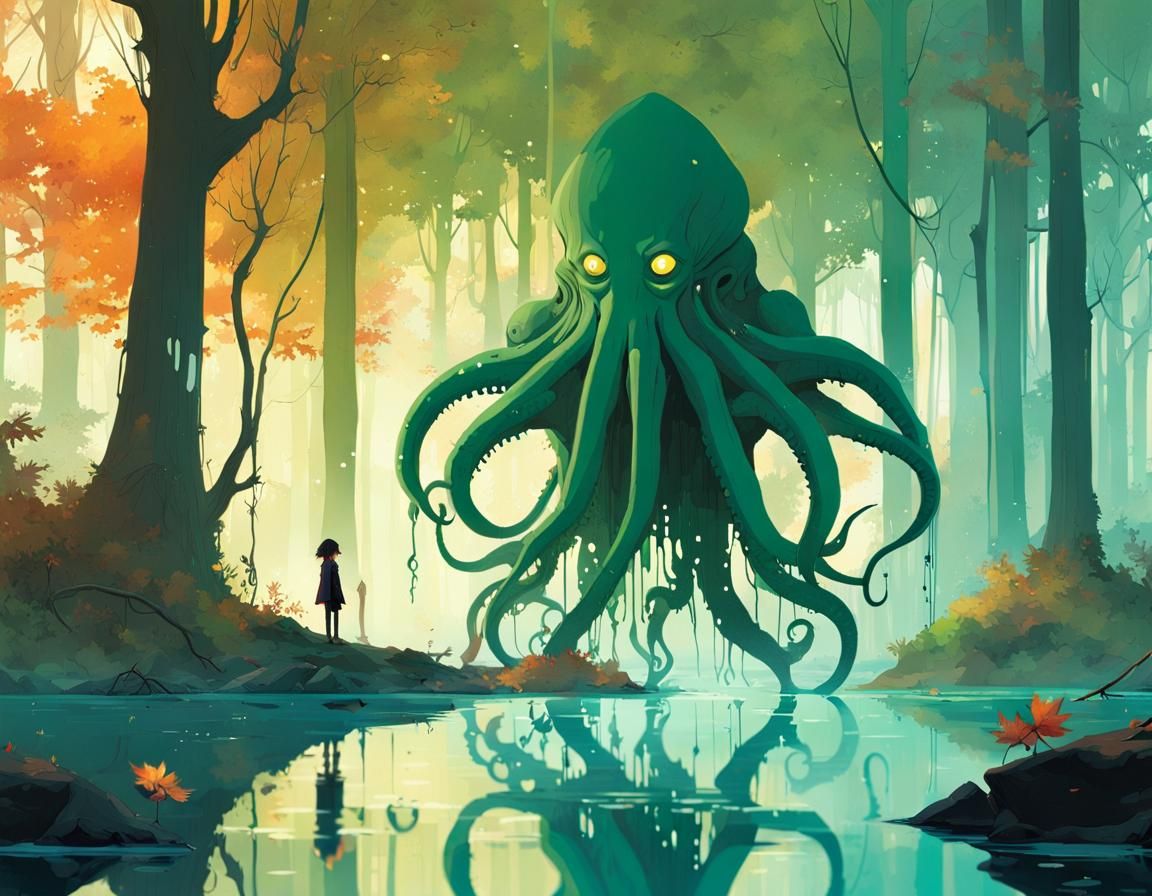 Chibified Cthulhu in Haunted Maple Forest Lagoon