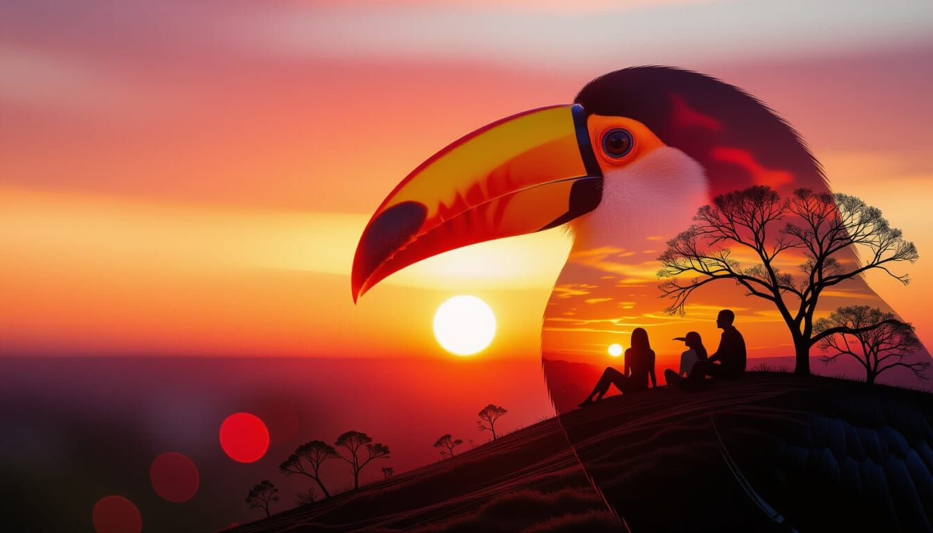 Toucan Silhouette Sunset Scene with Bokeh Background