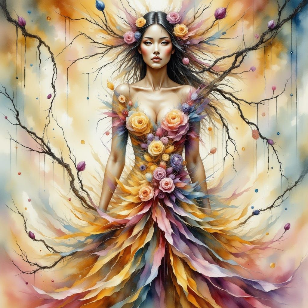 <lora:-Abstragony-:1.0> <lora:Water-ink-colorV2:1.0> A breathtaking surreal full-body portrait of a woman standing tall ...