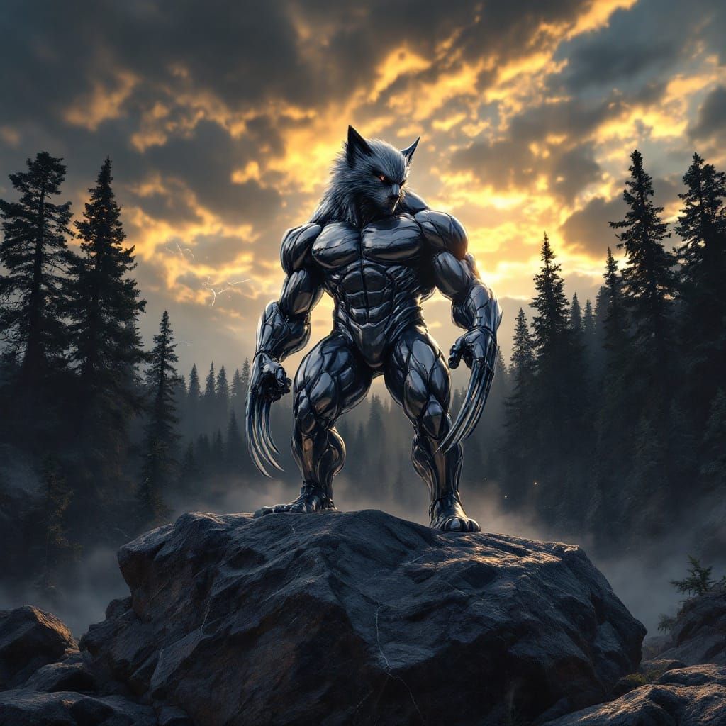 Giant Wolverine Statue on Dark Marble in a Stormy Landscape