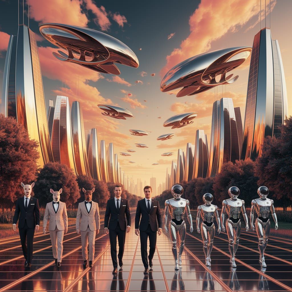 Futuristic Cityscape with Animals and Robots in Digital Art