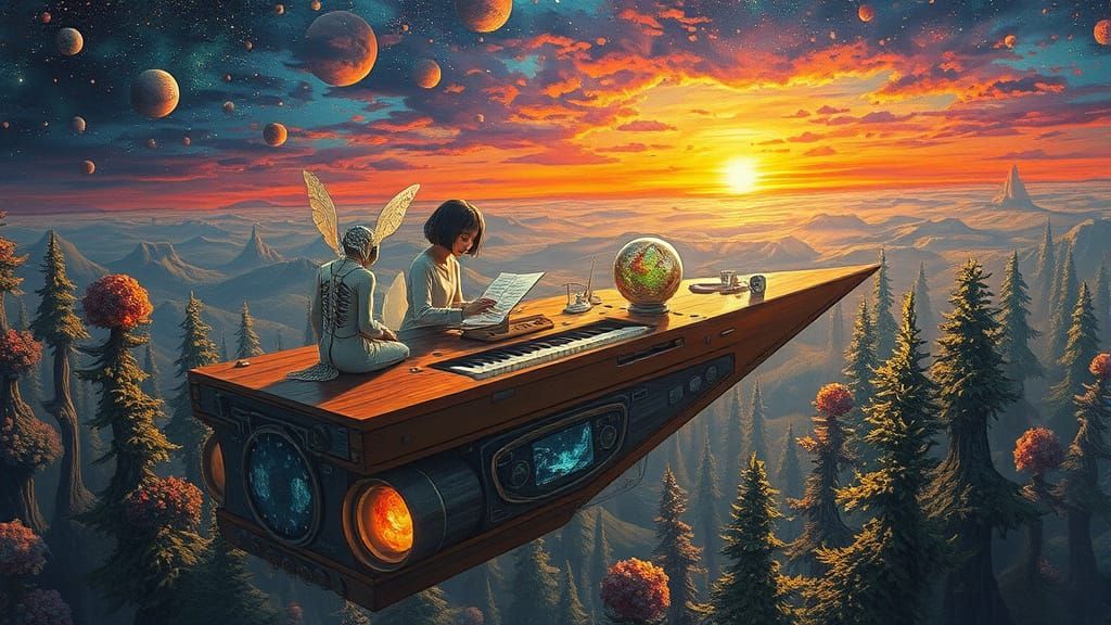 Surreal Ethereal Figures Compose Poems in Sunset Galaxy