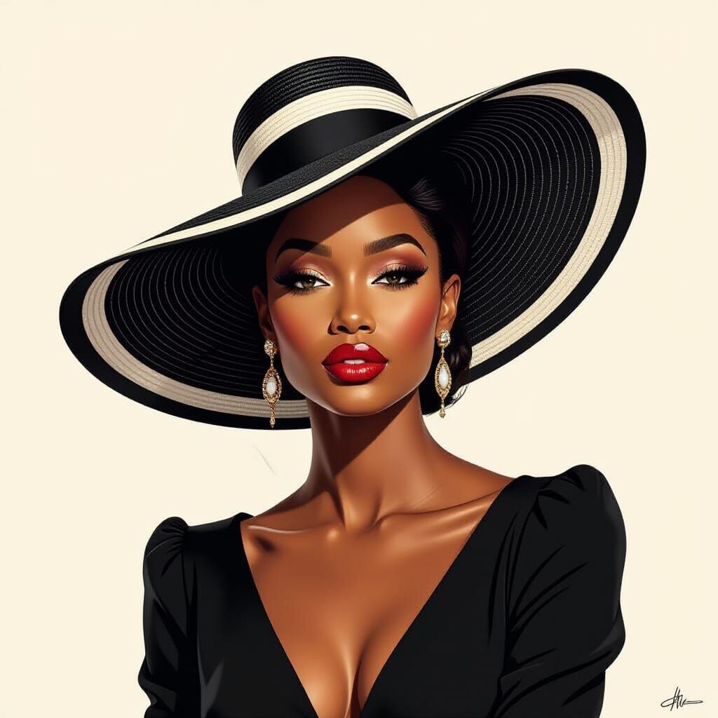 Elegant Portrait of African American Woman in Wide-Brimmed H...