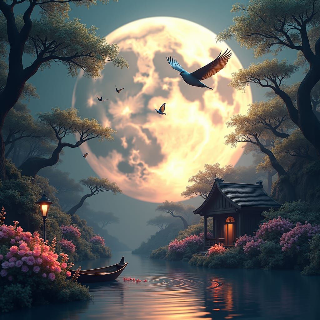 Dreamy Moon with Birds Soaring Across, in 3D