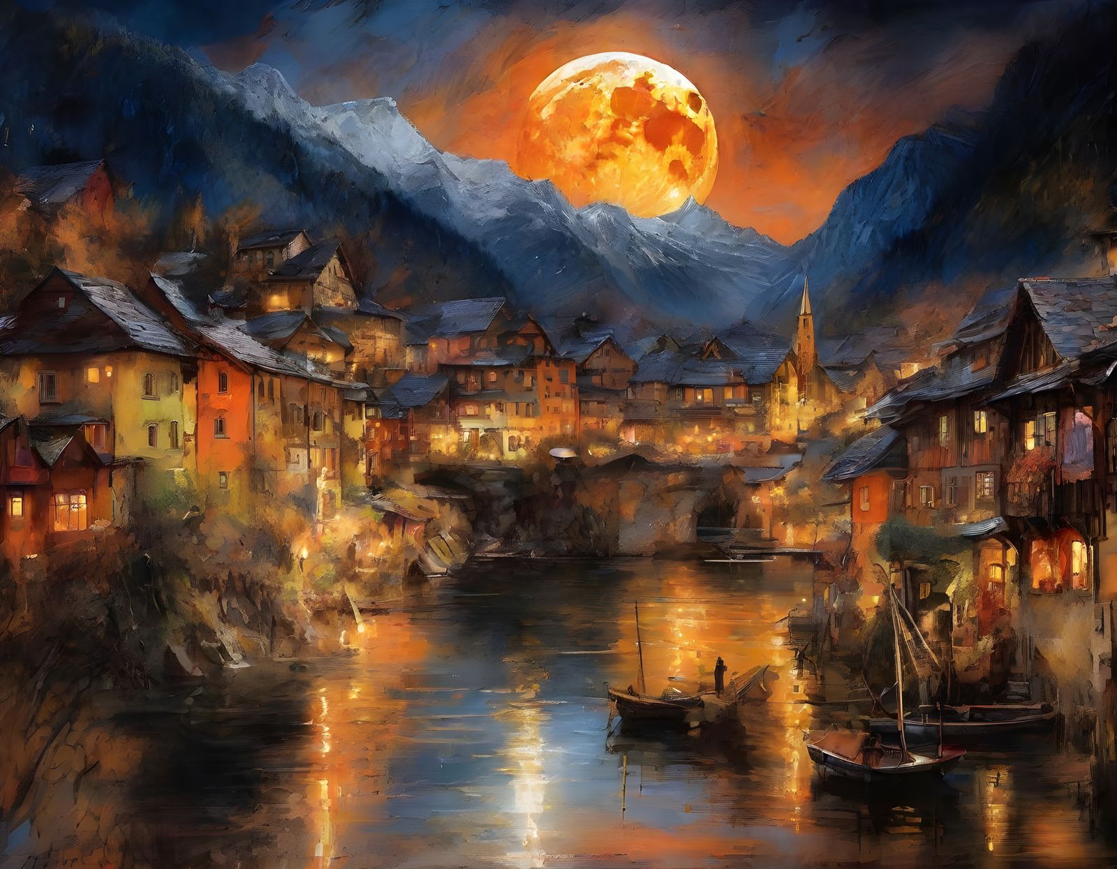 Halloween Moon Over Hallstatt in Fantasy Style