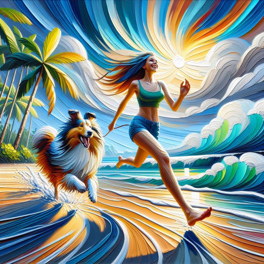 Girl and Dog on Sunny Beach, Impasto Oil Painting