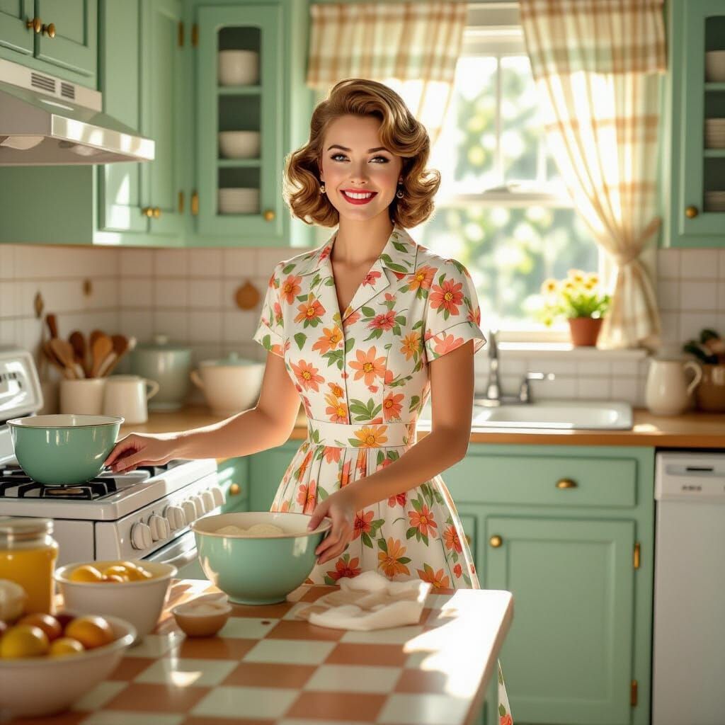 1950s Woman in Sunny Kitchen, Hyperrealistic Detail