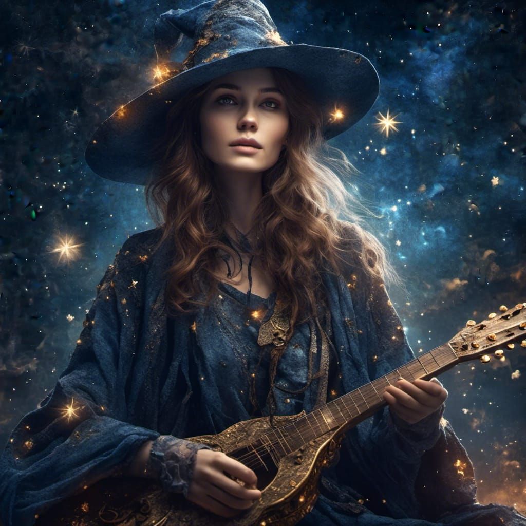 Female Wizard Gazing at Night Sky: Realistic Photo