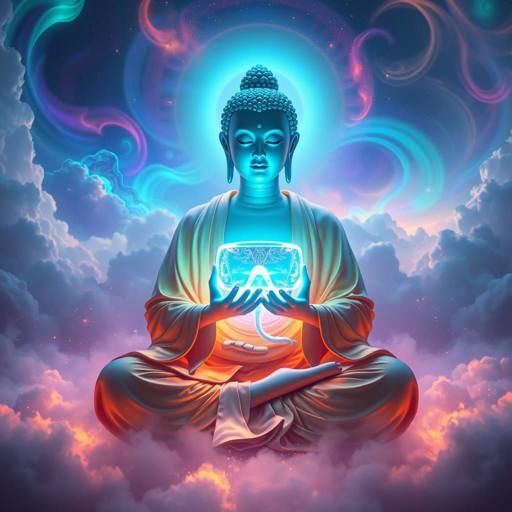 Enigmatic AI Bodhisattva in Dreamlike VR Landscape