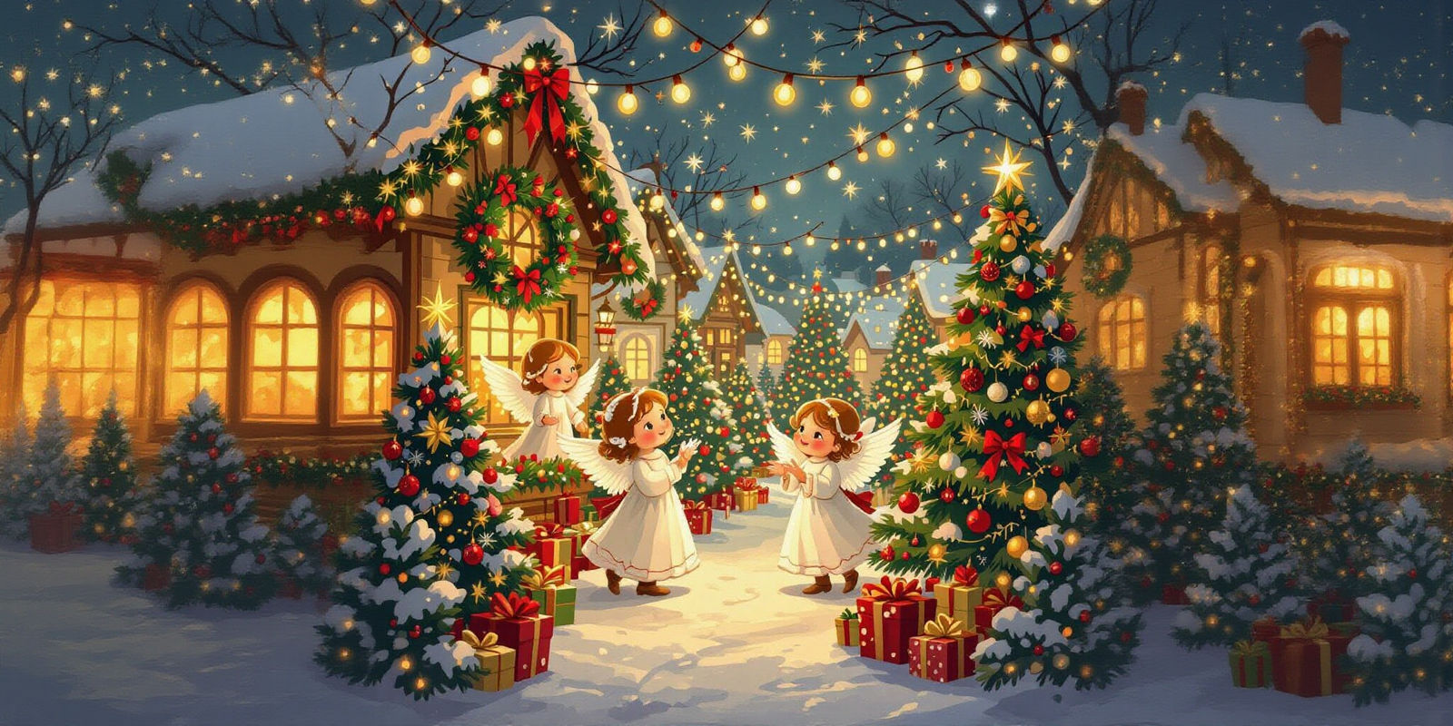 Cheerful Christmas Market Poster with Angels and Lights