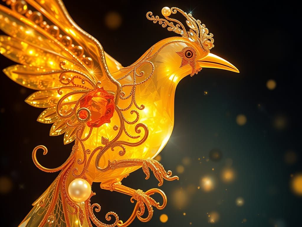 Golden Crystal Bird in Opal and Amber