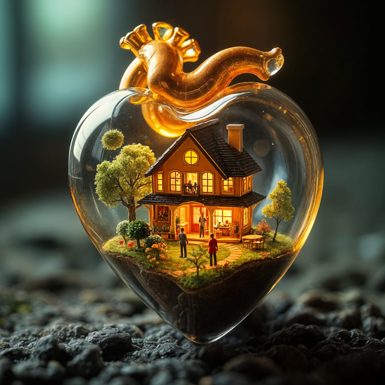 Glass Heart Encasing Miniature Family Home