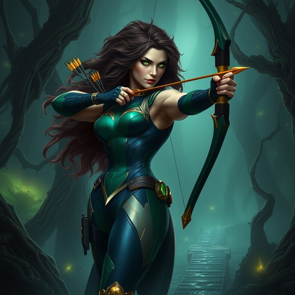 Mystical Superwoman Archer in Emerald Swamp Landscapes