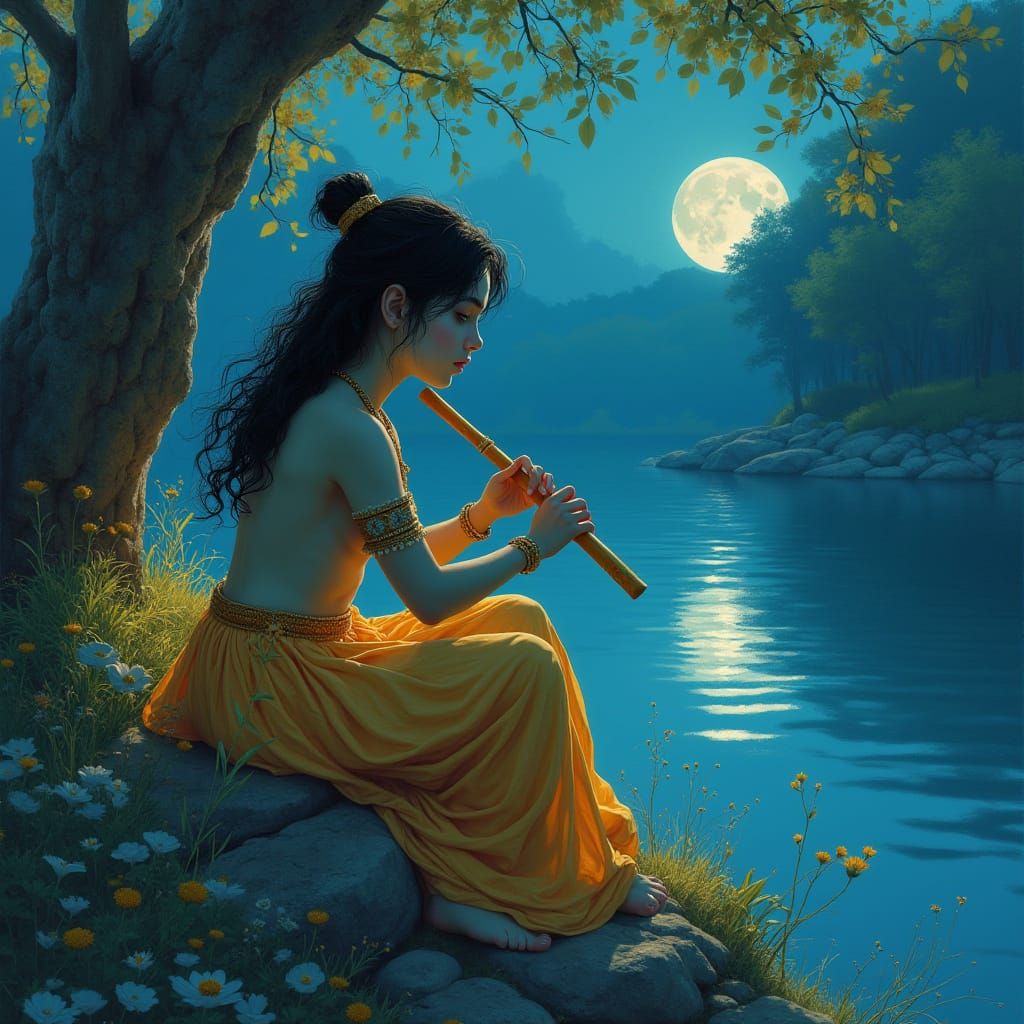 Krishna Plays Flute on Moonlit Riverbank: Digital Painting