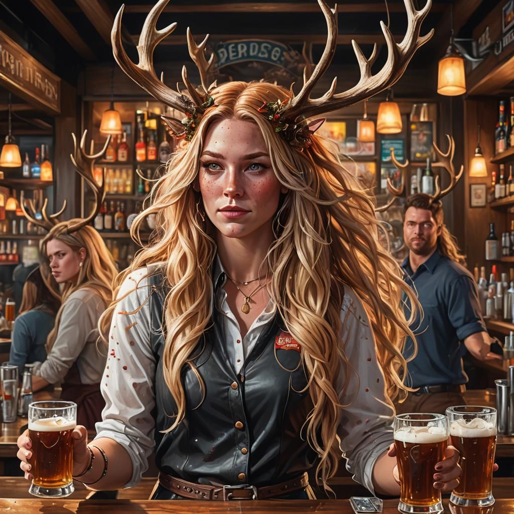 Antlered Bartender Serves Drinks: Hyperrealistic Splash Art
