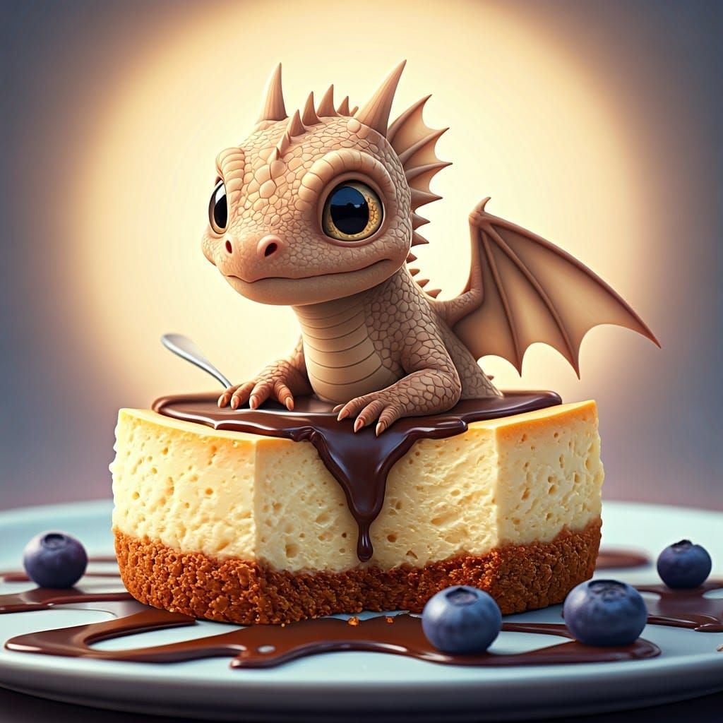 Dragon Cub Relaxes on Cheesecake, 3D Rendered