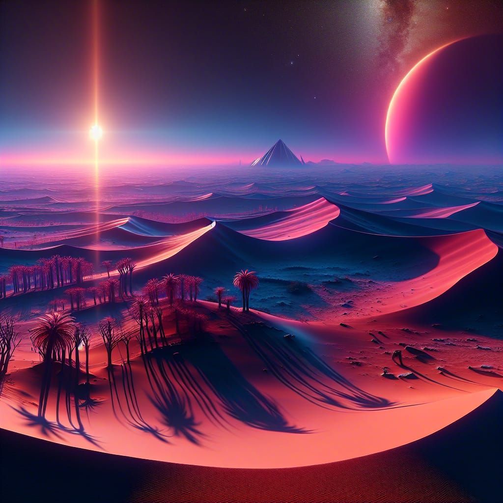 Martian Twilight Oasis with Distant Pyramid