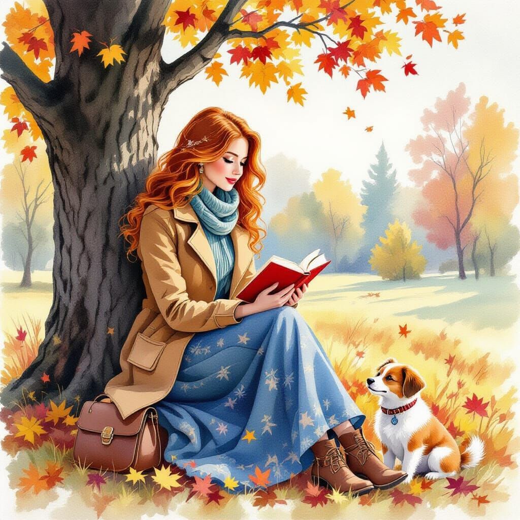 Rousse Woman Reading with Dog in Autumn Watercolor