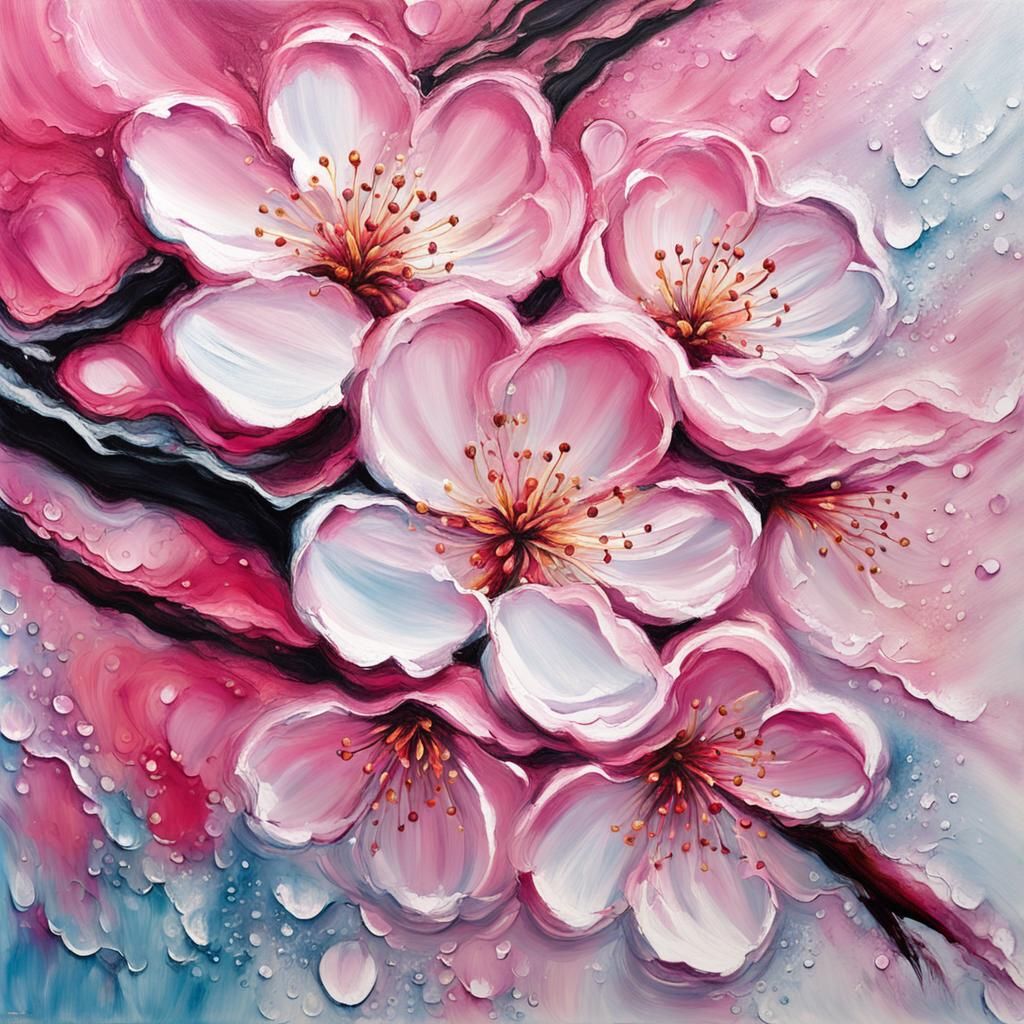 Macro Cherry Blossom in Acrylic Impasto Style