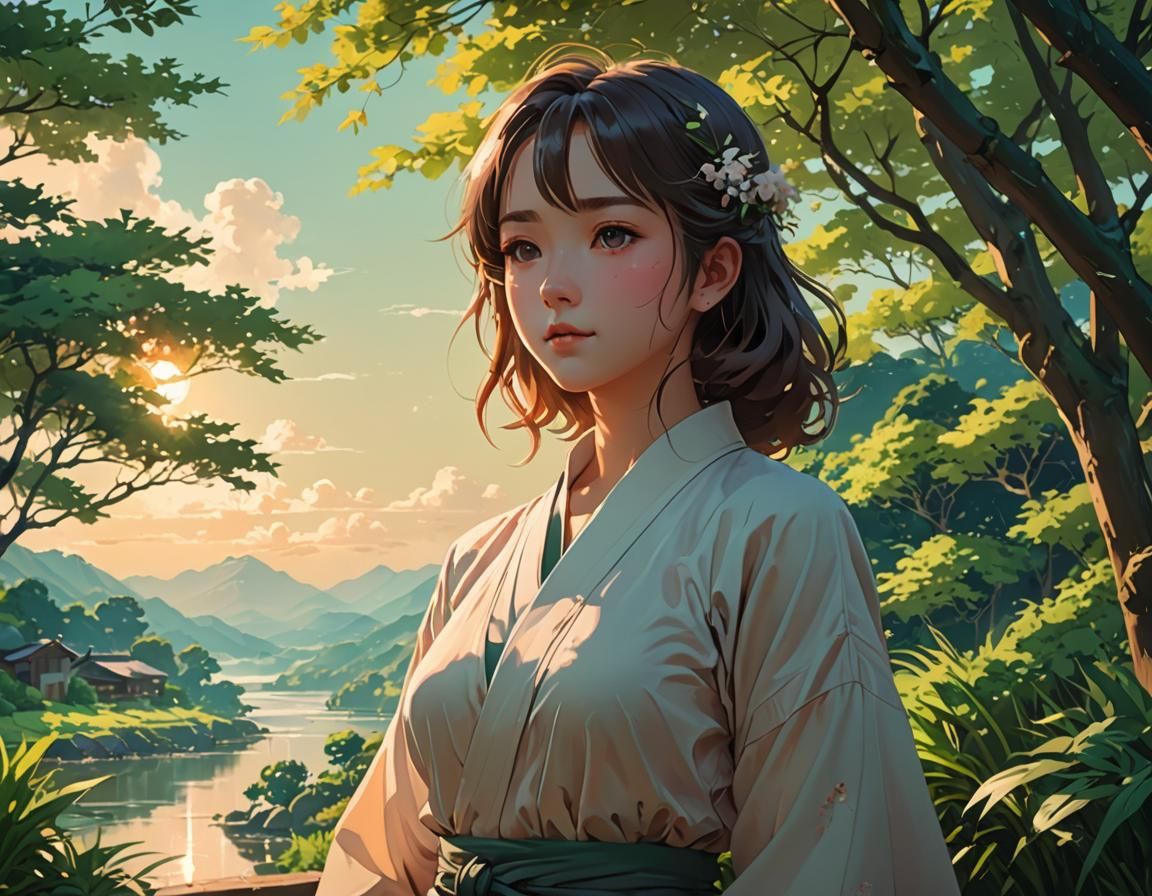 Elegant Anime Woman in Serene Landscape