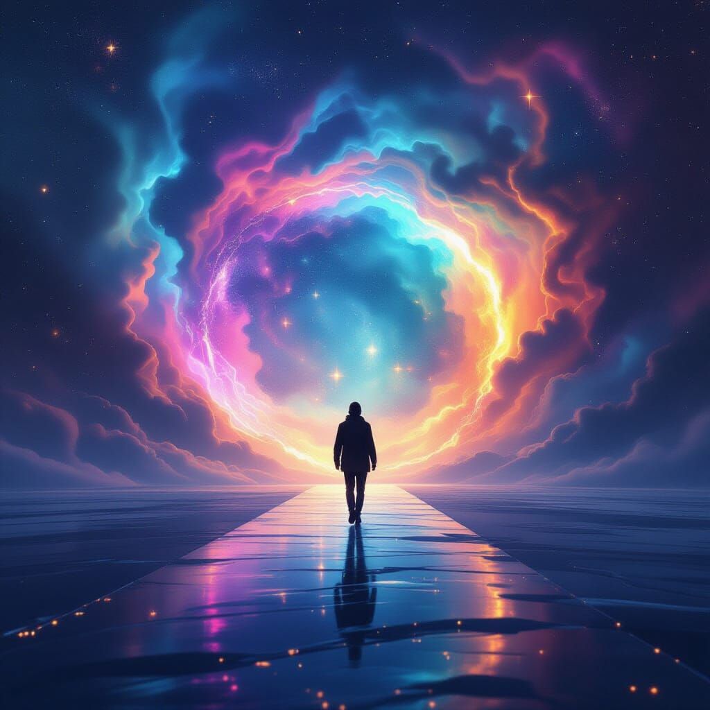 Figure Steps Into Cosmic Portal, Digital Matte Painting