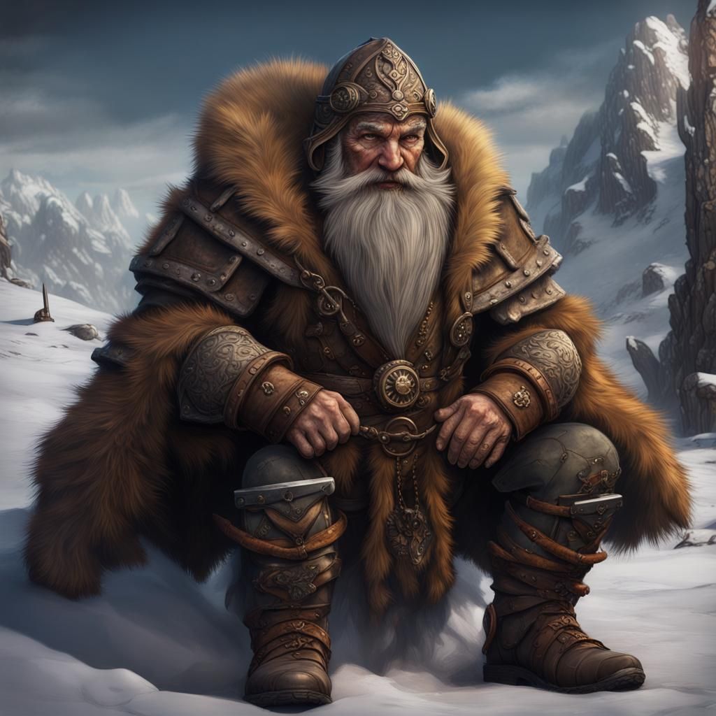 Charismatic Dwarven Trapper in Tundra, Fantasy Art