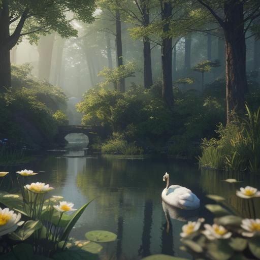 Swans on Summer Lake: Hyper Photorealistic 3D Render