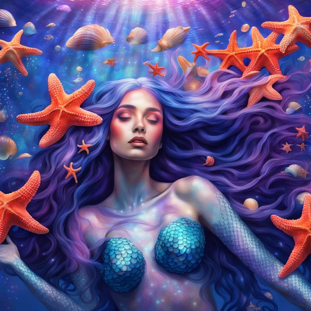 Mermaid in Coral Reef: Holographic Astral Illustration