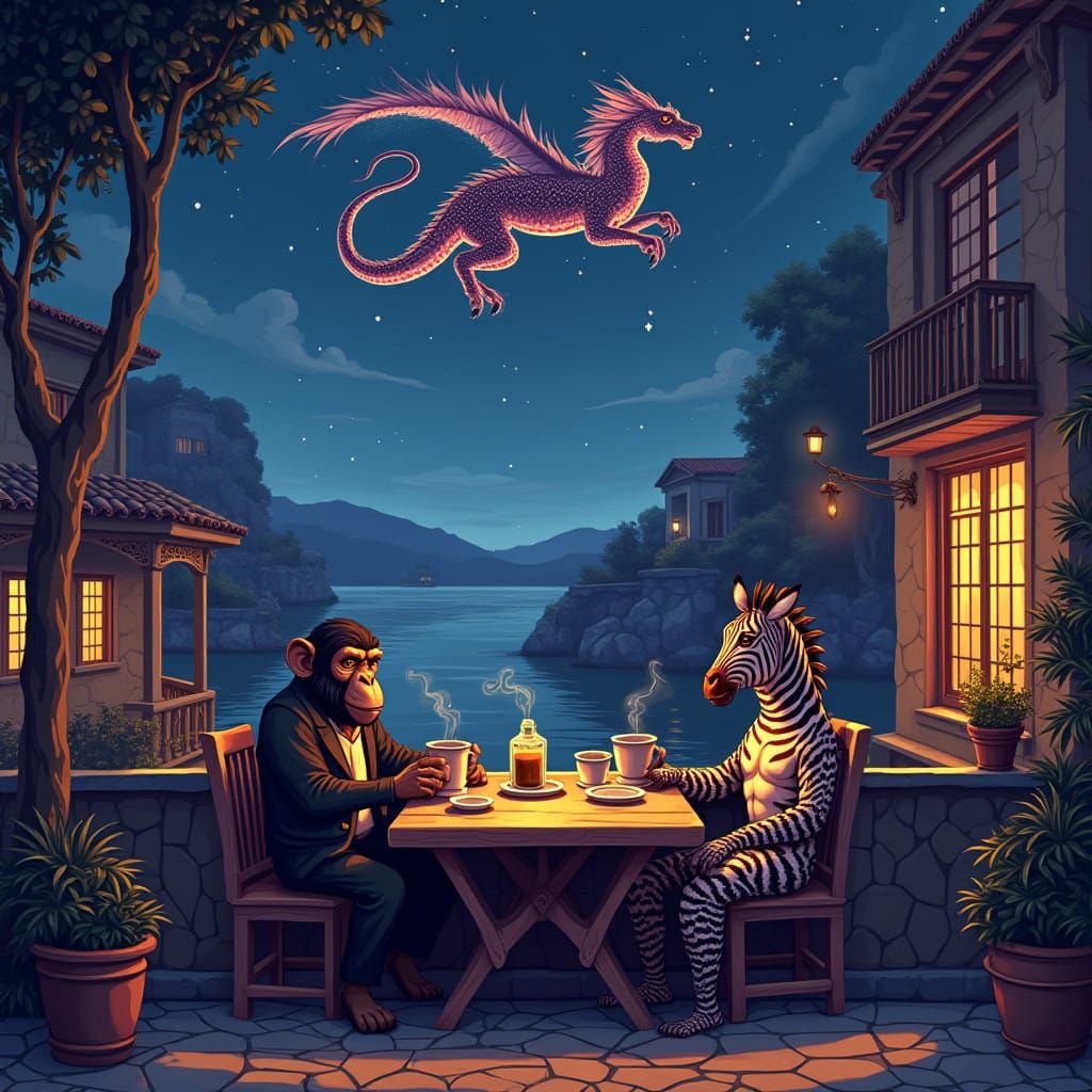 Retro-Futuristic Nighttime Scene in Nafplio, Greece