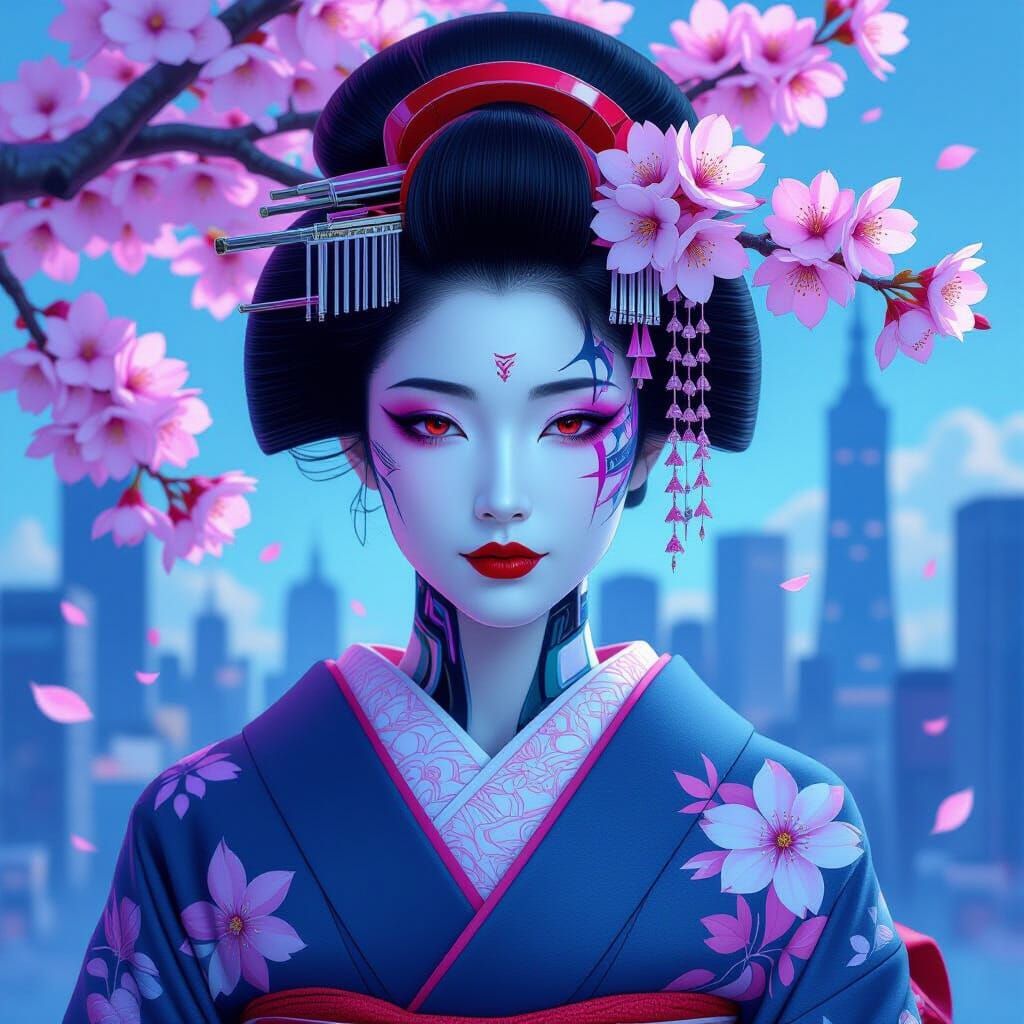Cyborg Geisha with Holographic Blossoms in Digital Art