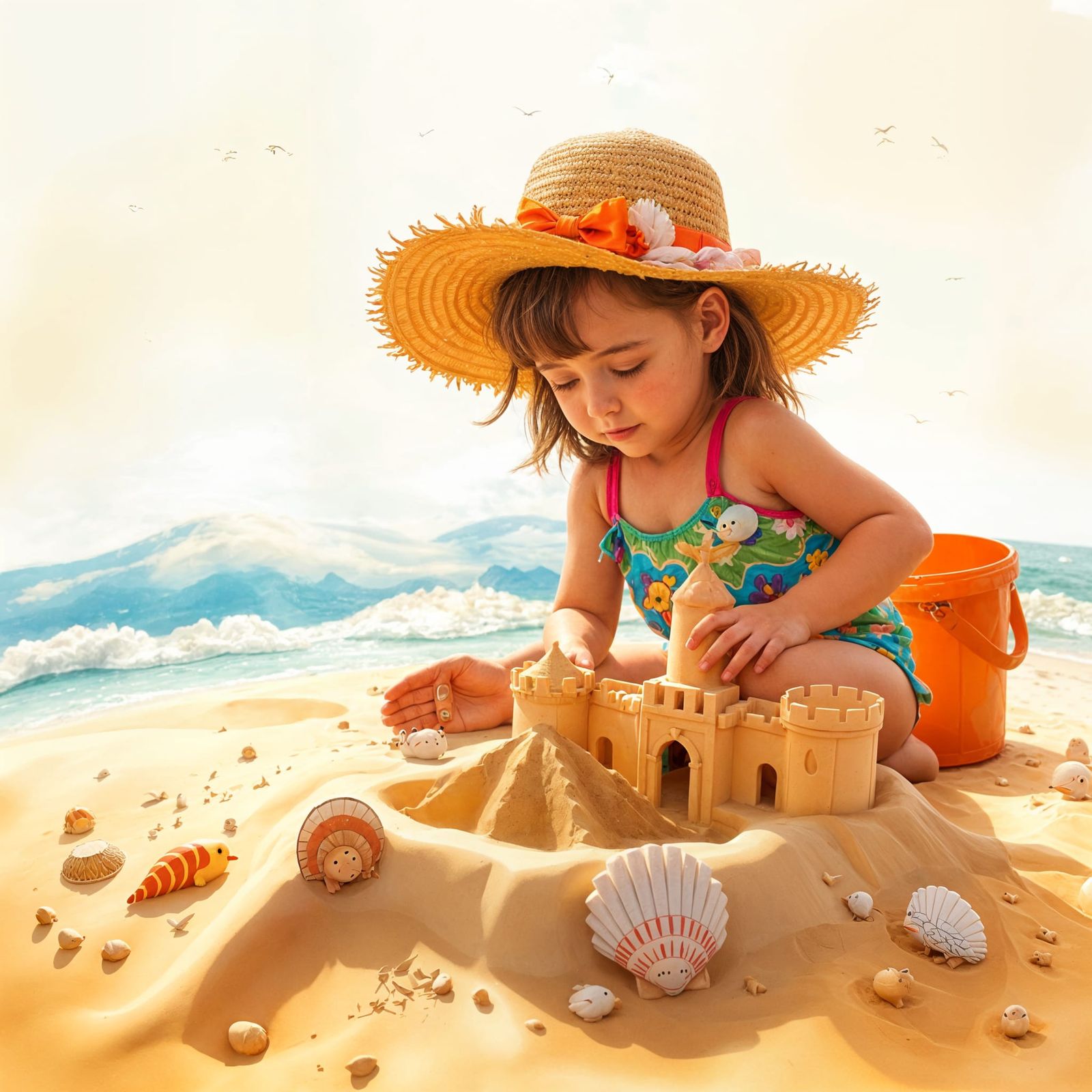 Child Builds Sandcastle: Golden Age Illustration