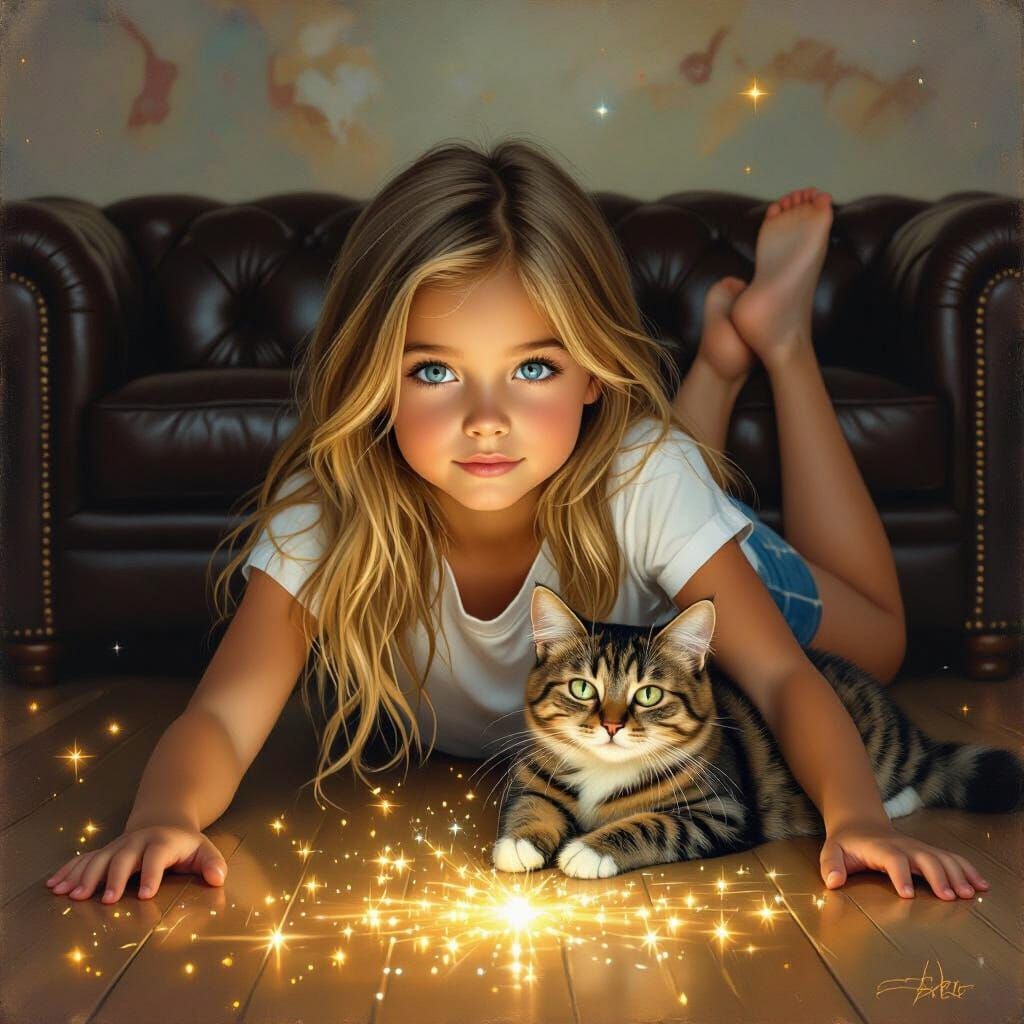 Girl and Cat in Magical Realism Style