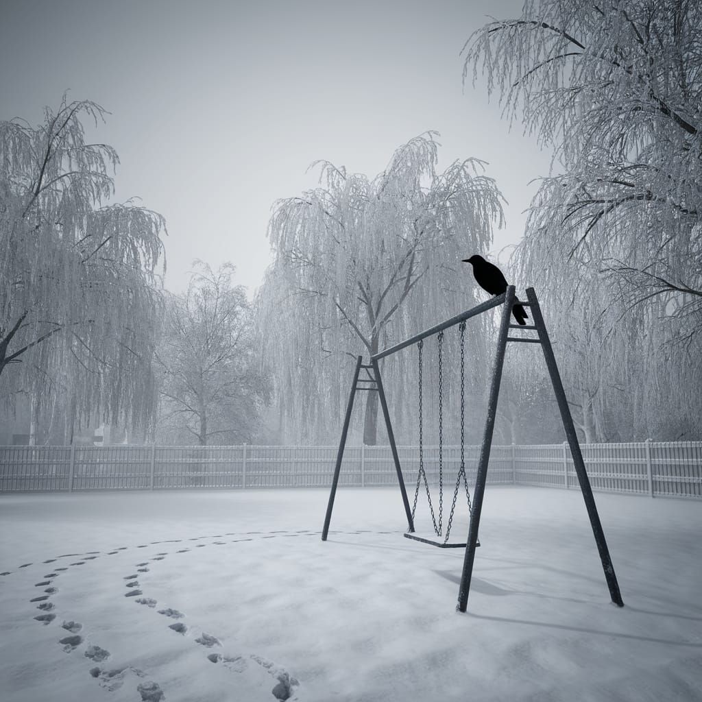 Still Snowy Playground with Crow in Winter