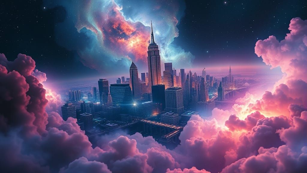 Fragmented New York City Drifts Through Cosmic Nebula