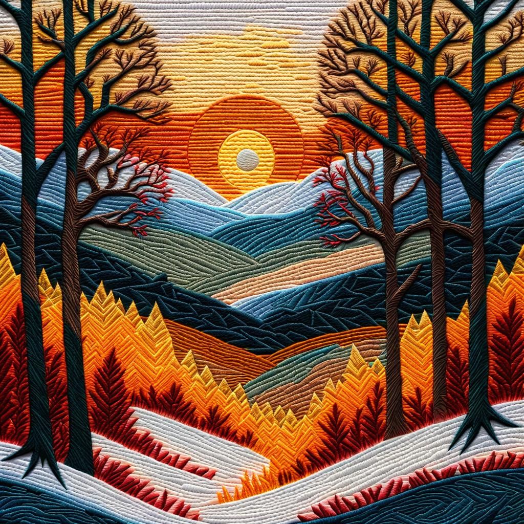 Embroidered Sun Rising in Wintery Forest
