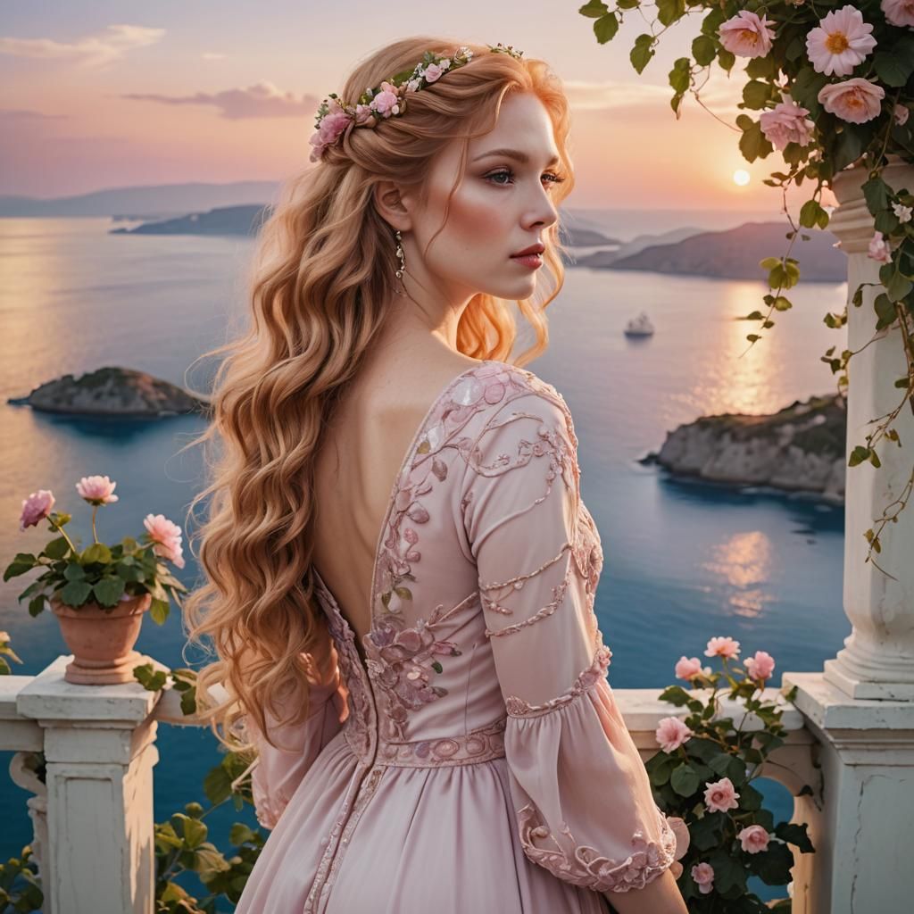 Woman in Greek Gown at Sunrise
