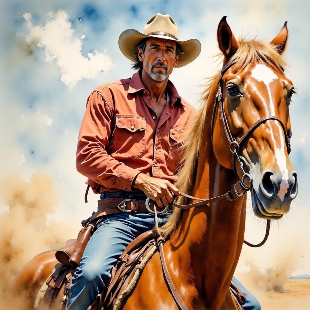 Cowboy Charging on Palomino Horse in Dusty Impressionist Sty...