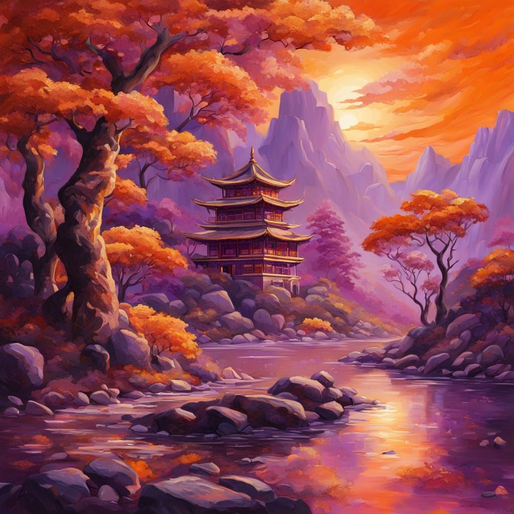 Surrealistic Oriental Masterpiece in Vibrant Oil Painting St...