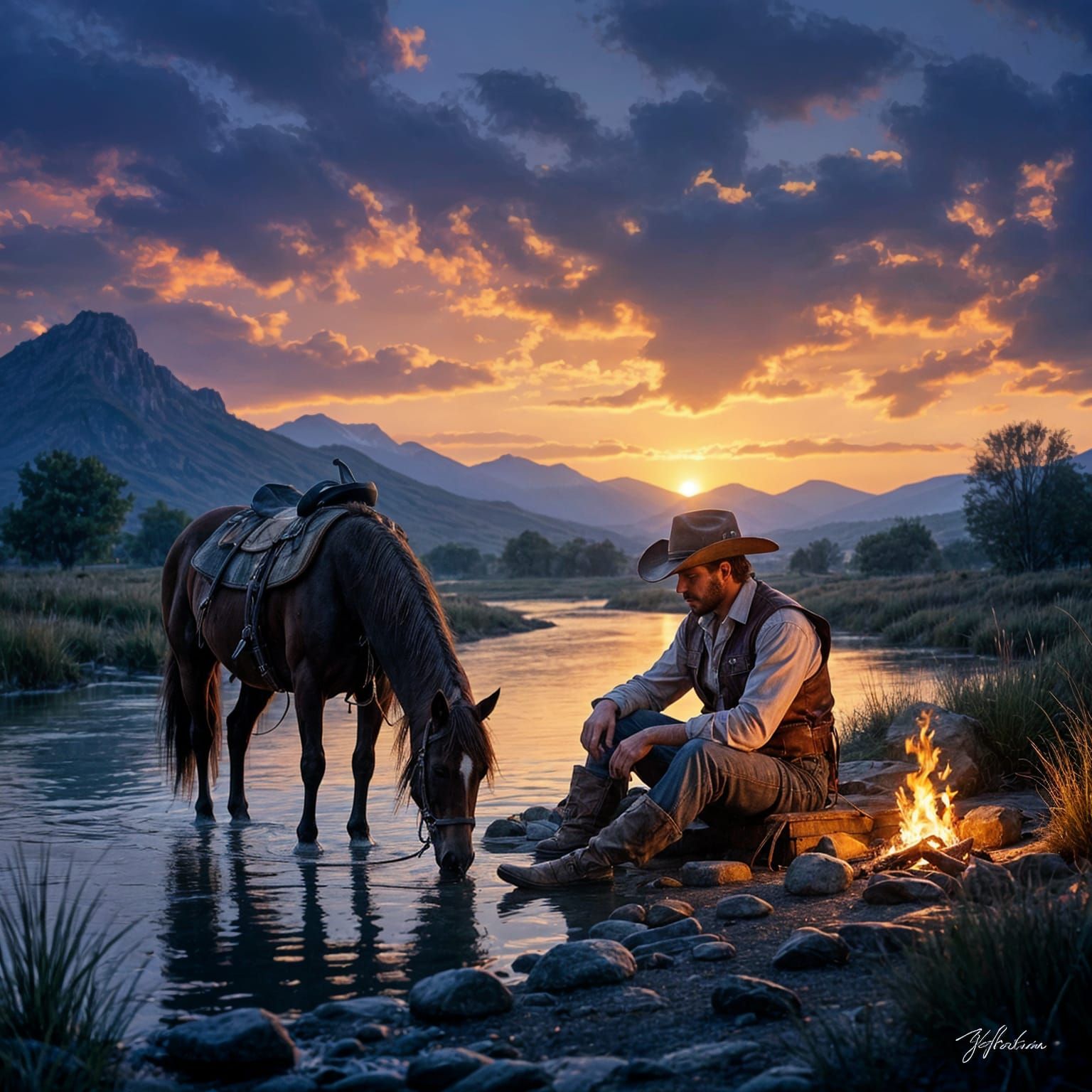 Cowboy and Horse at Dusk Camp by River