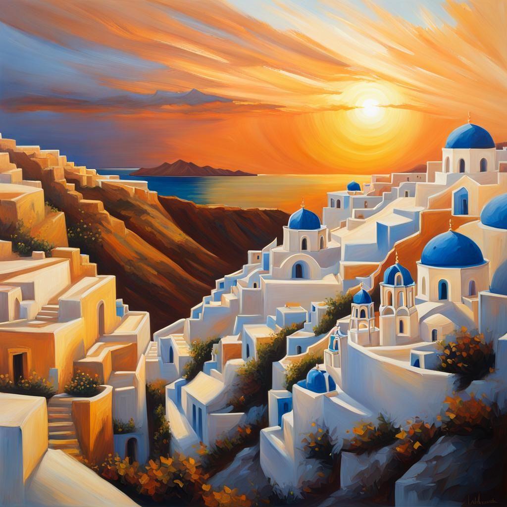 Sunset over Santorini (oil on canvas)