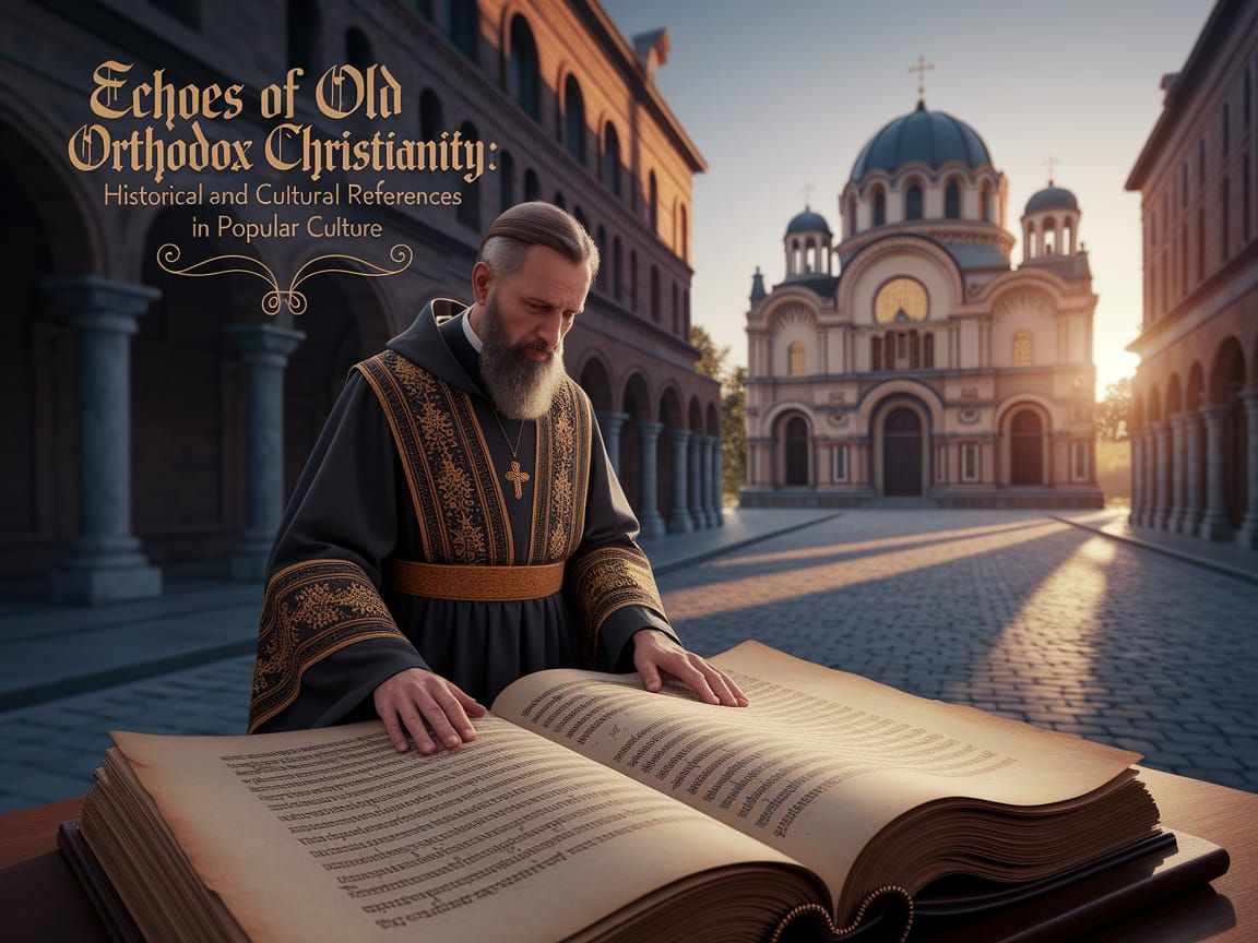 Solemn Monk Beside Ancient Manuscript in Byzantine Cathedral
