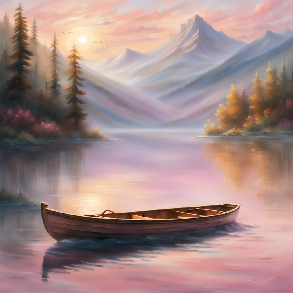 Whimsical Skiff on a Misty Lake in Golden Light