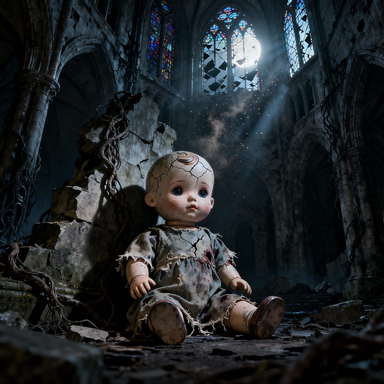 Melancholy Doll in Ruined Gothic Cathedral