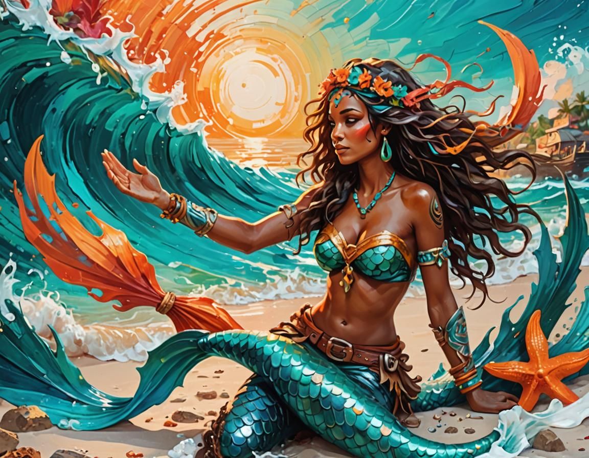 Mermaid Rescues Pirate: Vibrant Expressionist Beach Scene