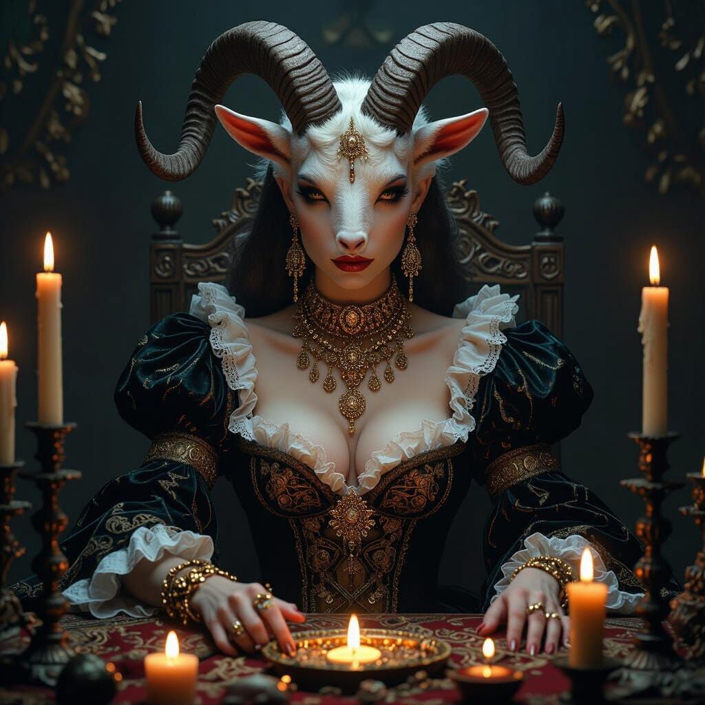 Baroque Goat-Headed Sorceress in Candlelight