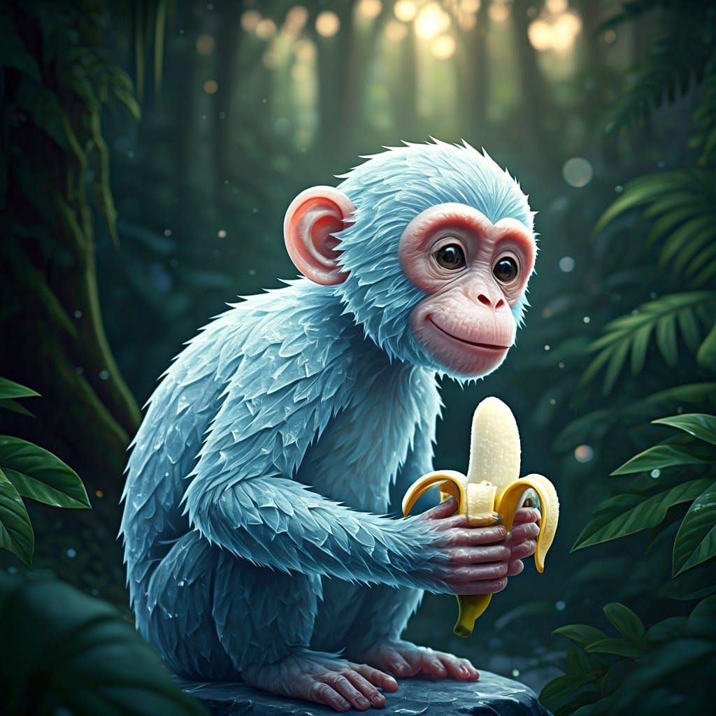 Frozen Water Sculpture of a Joyful Monkey in a Vibrant Jungl...