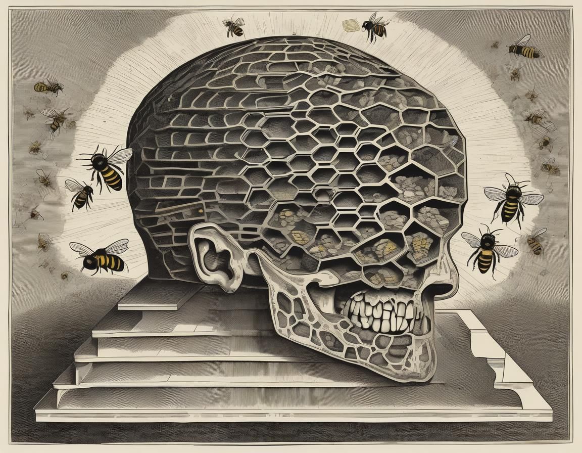 Beehive Brain: Engraving-Style Hive Mind Illustration